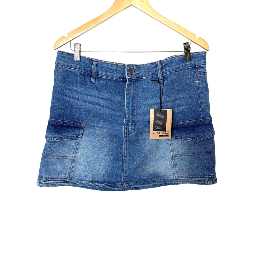 Love Cult Denim Womens Mid Rise‎ Cargo Mini Skirt Blue Utility Medium Wash XL